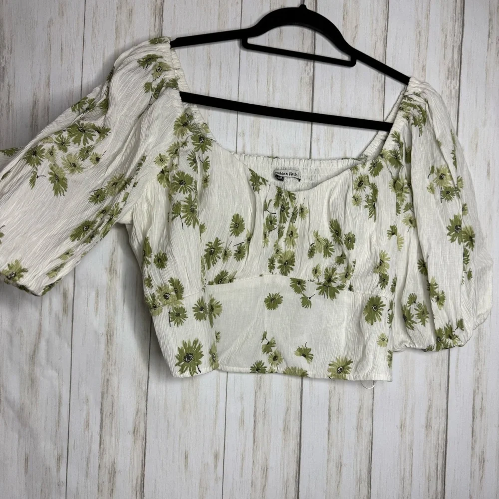 Abercrombie & Fitch Cream Floral Puff-Sleeve Crop Top XL